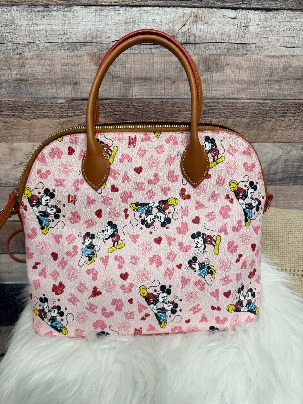 Dooney & Bourke Pink Mickey Pattern Dome Satchel with Tan Handles